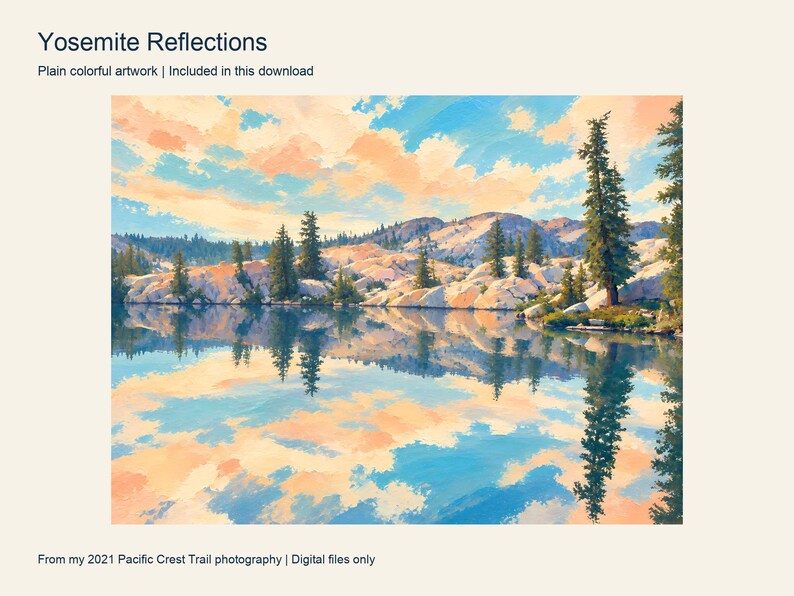 Pines and granite reflected in a still Yosemite lake, painted in turquoise and peach