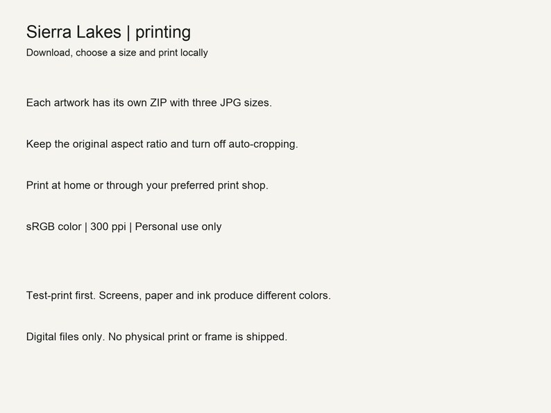 Printing guide for the Sierra lakes set digital download