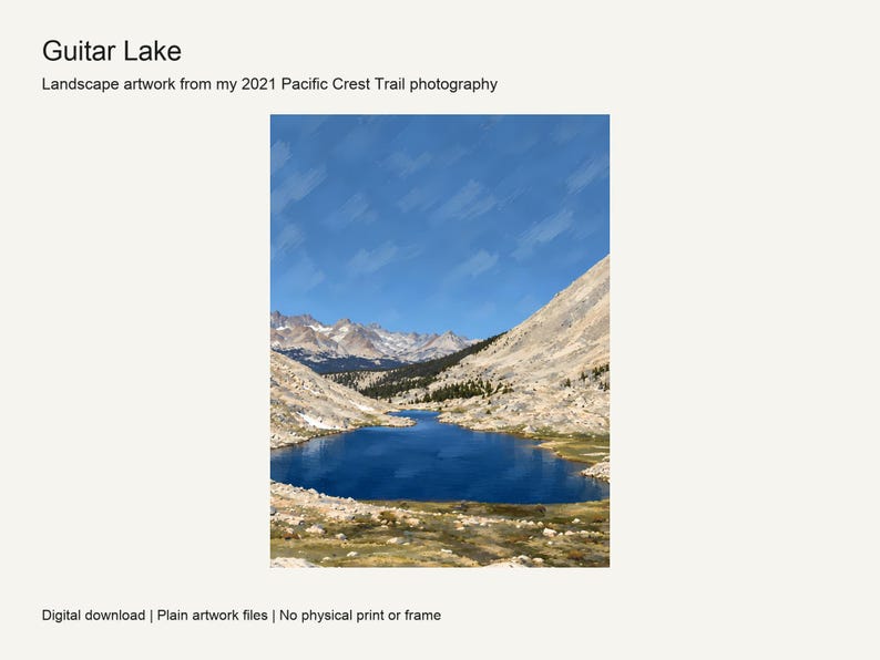 Guitar Lake gouache-style landscape below the Mount Whitney ridge, Sequoia National Park