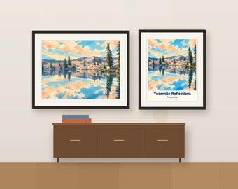 Yosemite Reflections Travel Poster, Colorful Lake Art Print (Digital Download)