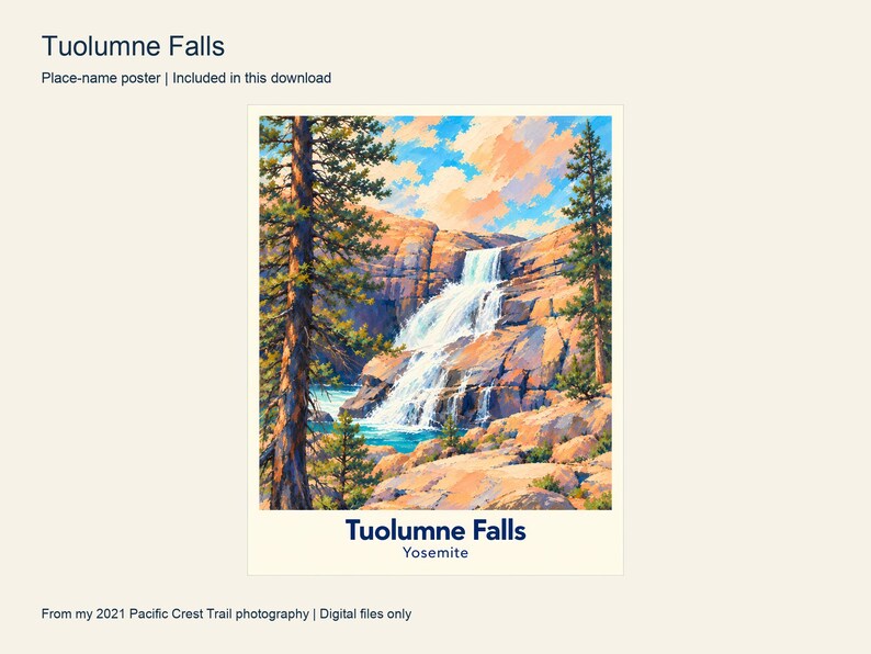 Tuolumne Falls place-name poster with a cream border