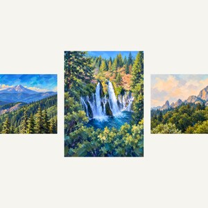 The three paintings side by side: Mount Shasta, Burney Falls, Castle Crags