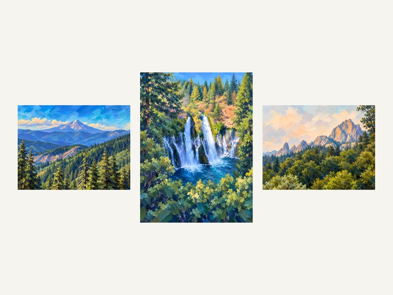 The three paintings side by side: Mount Shasta, Burney Falls, Castle Crags
