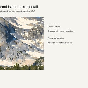 Close detail of the Thousand Island Lake artwork showing the painted texture on Banner Peak
