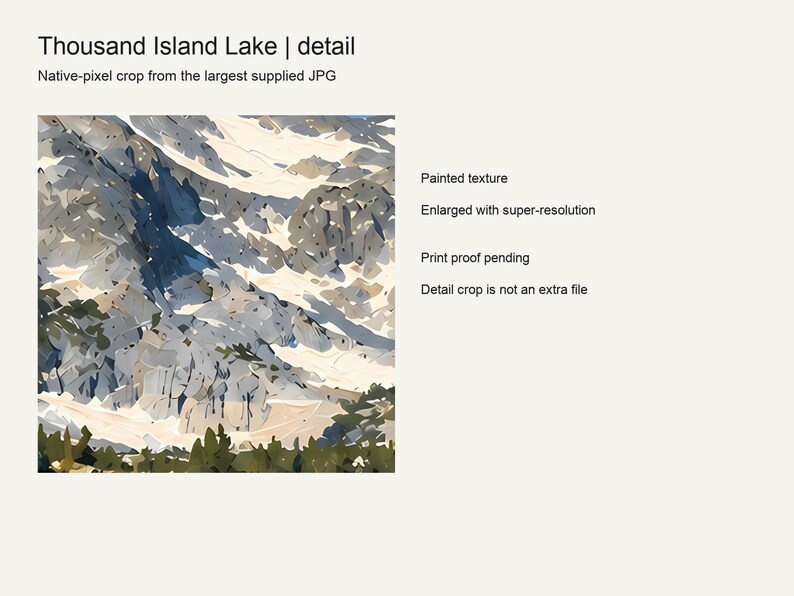 Close detail of the Thousand Island Lake artwork showing the painted texture on Banner Peak