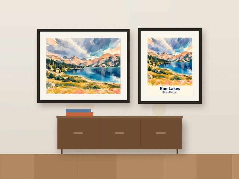 Colorful Rae Lakes artwork and its place-name poster, framed side by side above a wooden sideboard, shown as a room mockup