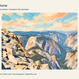 Half Dome seen from Clouds Rest, painted in turquoise, peach and warm granite, Yosemite National Park