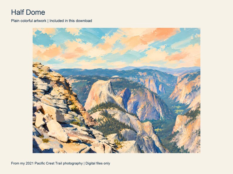 Half Dome seen from Clouds Rest, painted in turquoise, peach and warm granite, Yosemite National Park