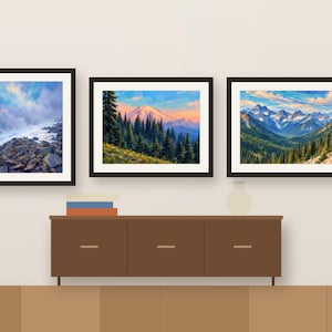 Three Washington paintings framed in a row above a wooden sideboard, shown as a room mockup