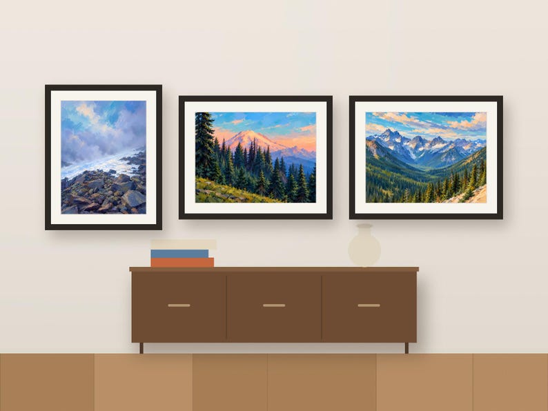 Three Washington paintings framed in a row above a wooden sideboard, shown as a room mockup