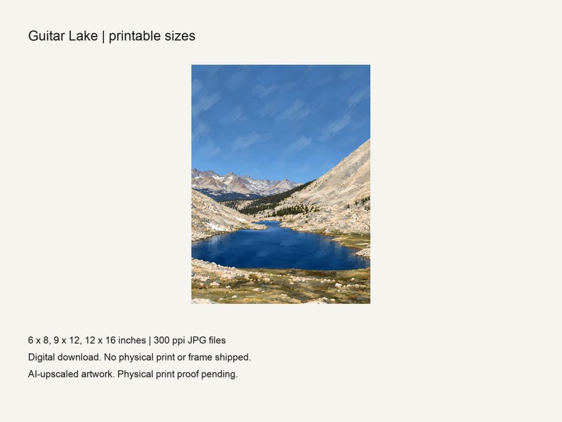 Guitar Lake print with its three included sizes, 6x8, 9x12 and 12x16 inches