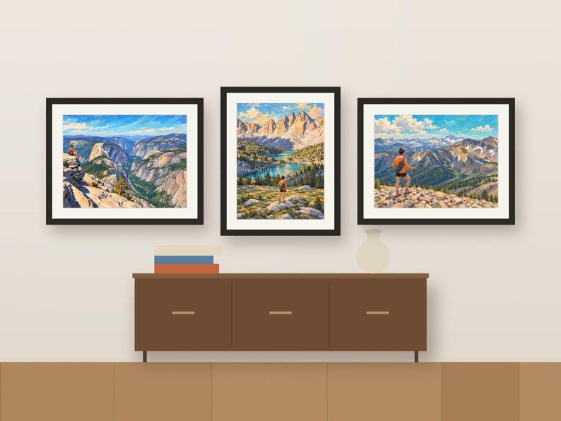 Three woman hiker prints framed in a row above a wooden sideboard, shown as a room mockup