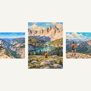 The three woman hiker paintings side by side: Clouds Rest, Kearsarge Pinnacles and Sierra Ridges