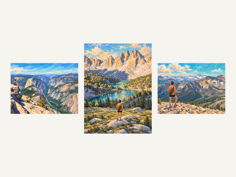 The three woman hiker paintings side by side: Clouds Rest, Kearsarge Pinnacles and Sierra Ridges