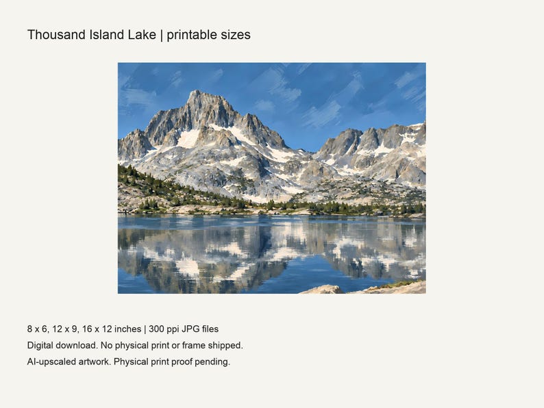 Thousand Island Lake print with its three included sizes, 8x6, 12x9 and 16x12 inches