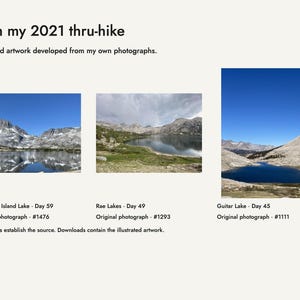 My 2021 trail photographs beside the three artworks developed from them