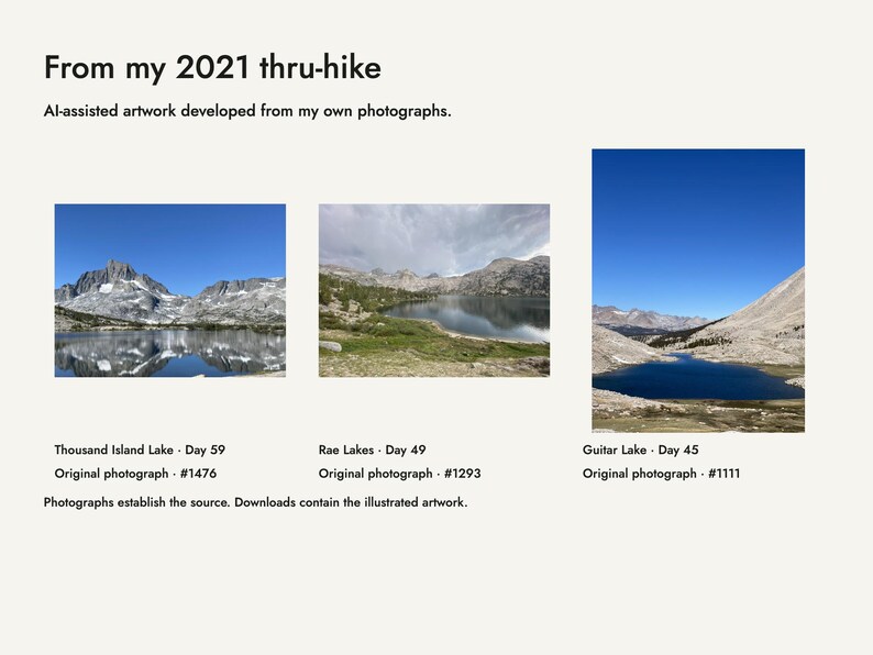 My 2021 trail photographs beside the three artworks developed from them