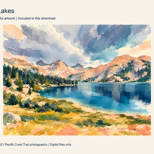 Rae Lakes under a cloudy sky, painted in turquoise and peach, Kings Canyon National Park