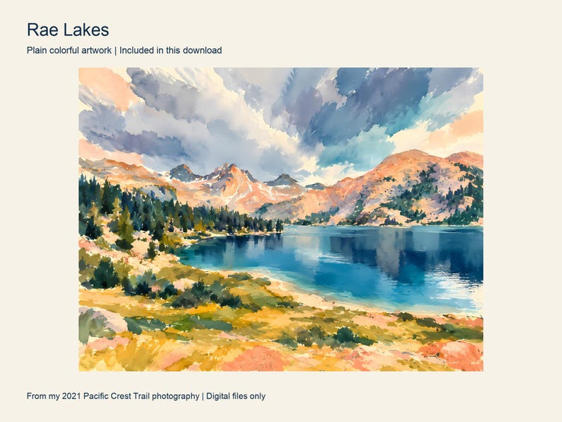 Rae Lakes under a cloudy sky, painted in turquoise and peach, Kings Canyon National Park