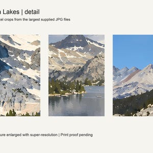 Close details of the three Sierra lake artworks