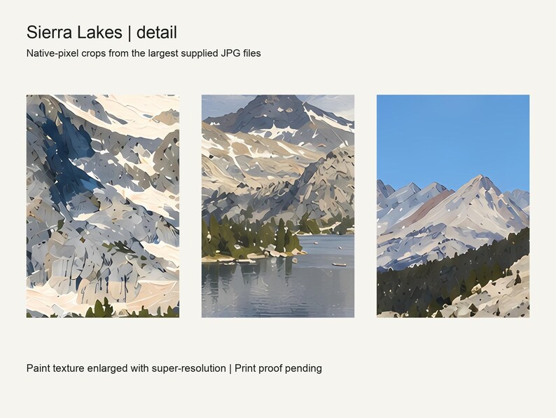 Close details of the three Sierra lake artworks