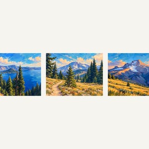The three paintings side by side: Crater Lake, South Sister, Mount Hood