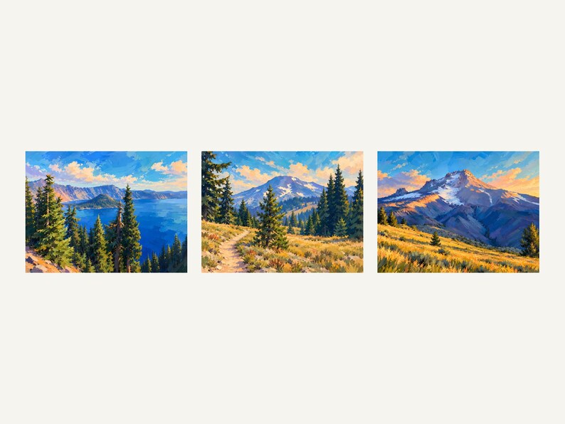 The three paintings side by side: Crater Lake, South Sister, Mount Hood