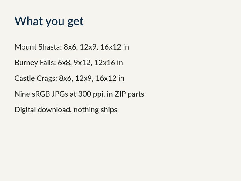 Sizes included for each painting