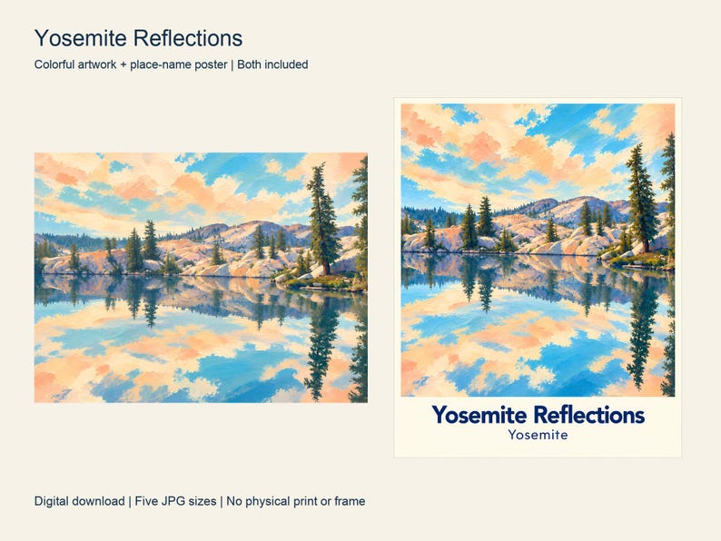 The colorful Yosemite Reflections artwork next to its place-name poster, both included in the download