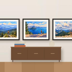 Three woman hiker paintings framed in a row above a wooden sideboard, shown as a room mockup
