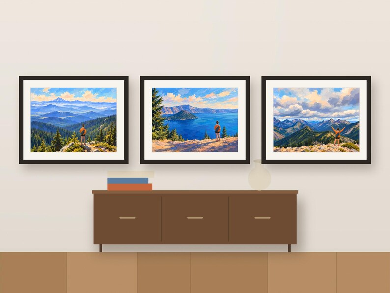 Three woman hiker paintings framed in a row above a wooden sideboard, shown as a room mockup