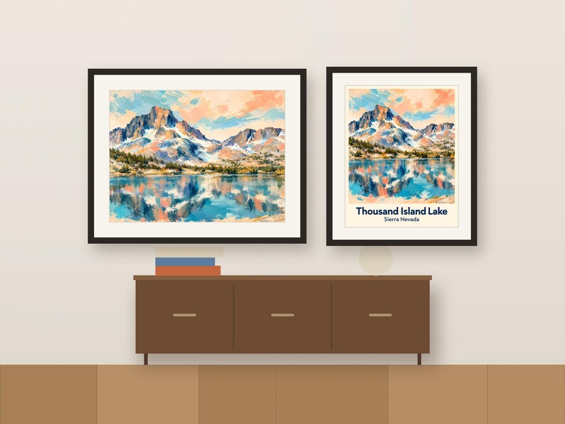Colorful Thousand Island Lake artwork and its place-name poster, framed side by side above a wooden sideboard, shown as a room mockup