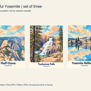 The three matching place-name posters for Half Dome, Tuolumne Falls and Yosemite Reflections