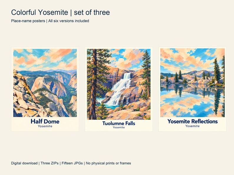 The three matching place-name posters for Half Dome, Tuolumne Falls and Yosemite Reflections