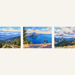 The three woman hiker paintings side by side: Mount Shasta, Crater Lake and North Cascades