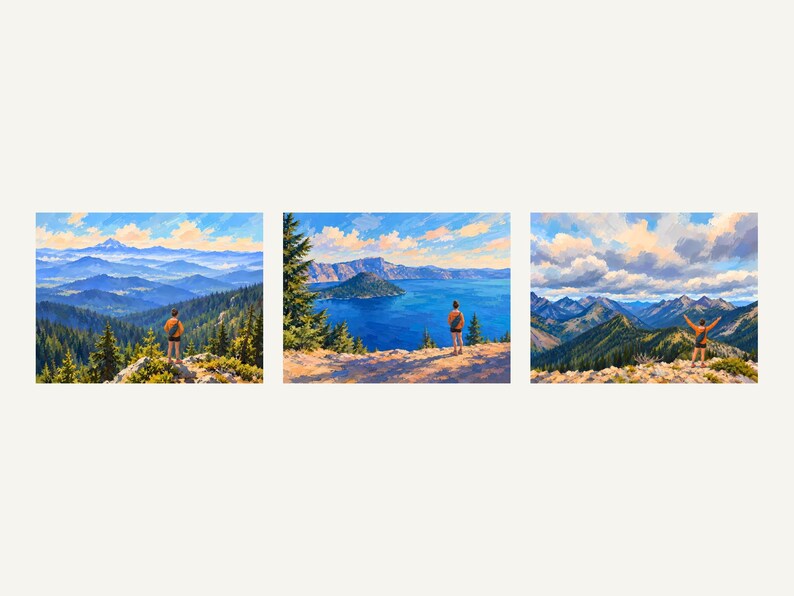The three woman hiker paintings side by side: Mount Shasta, Crater Lake and North Cascades