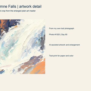Close detail of the colorful Tuolumne Falls artwork showing its painted texture