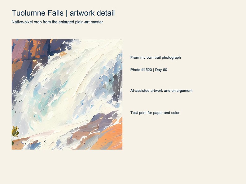 Close detail of the colorful Tuolumne Falls artwork showing its painted texture