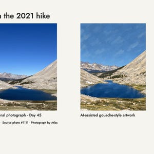 My 2021 trail photograph of Guitar Lake beside the artwork developed from it