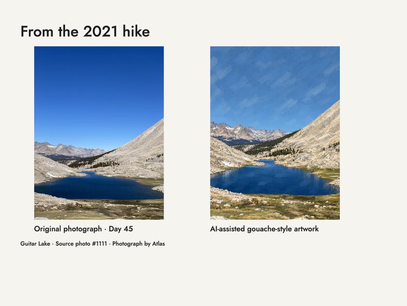 My 2021 trail photograph of Guitar Lake beside the artwork developed from it
