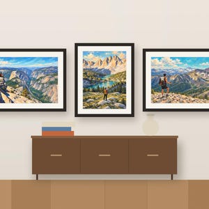 Three hiker prints framed in a row above a wooden sideboard, shown as a room mockup