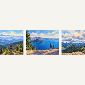 The three hiker paintings side by side: Mount Shasta, Crater Lake and North Cascades