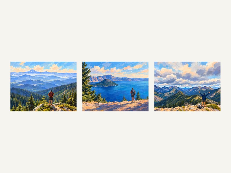 The three hiker paintings side by side: Mount Shasta, Crater Lake and North Cascades