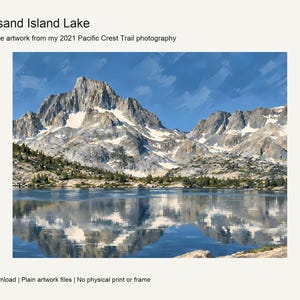 Thousand Island Lake gouache-style landscape with Banner Peak reflected in the lake, Sierra Nevada