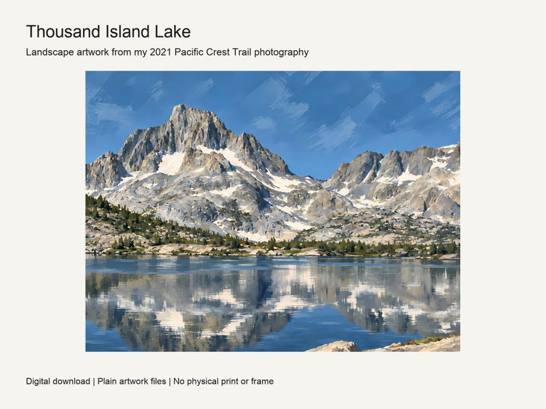 Thousand Island Lake gouache-style landscape with Banner Peak reflected in the lake, Sierra Nevada