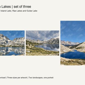 Thousand Island Lake, Guitar Lake and Rae Lakes gouache-style prints side by side