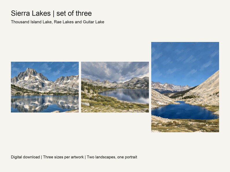 Thousand Island Lake, Guitar Lake and Rae Lakes gouache-style prints side by side
