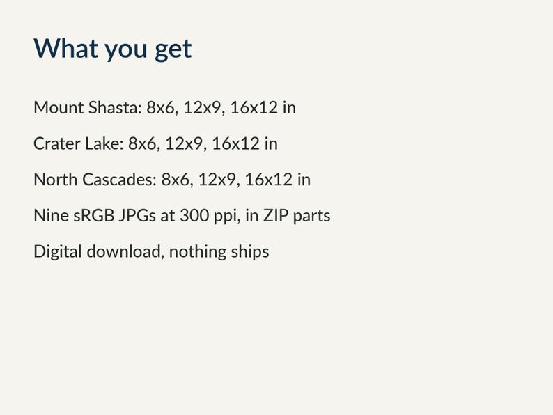 Sizes included for each painting