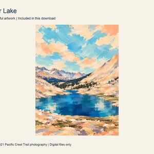 Guitar Lake below the Mount Whitney ridge, painted in turquoise and peach, Sequoia National Park