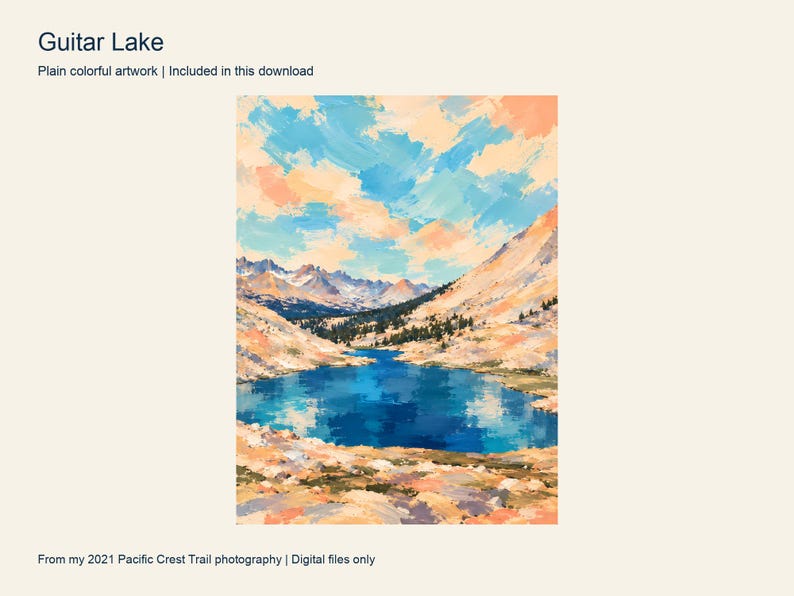 Guitar Lake below the Mount Whitney ridge, painted in turquoise and peach, Sequoia National Park